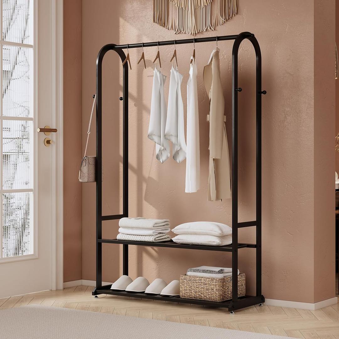 Freestanding Clothes Rack,Sturdy Metal Garment Racks for Hanging Clothes,Black Clothing Racks with bottom shelves & 6 Hooks,Multi-Functional Wardrobe Rack for Bedroom or Closet