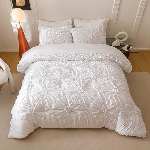 Nttopship White Queen Comforter Set - 7 Pieces Bed in a Bag, Premium Comforters Queen Size Bed Set Pintuck Pinch Pleat Complete Comforter Set with Flat Sheet, Fitted Sheet and Pillowcases,White