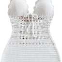 GORGLITTER Women's Crochet Halter Mini Dress Bow Backless Bodycon Knit Dresses Summer Festival Outfits (Large, White)