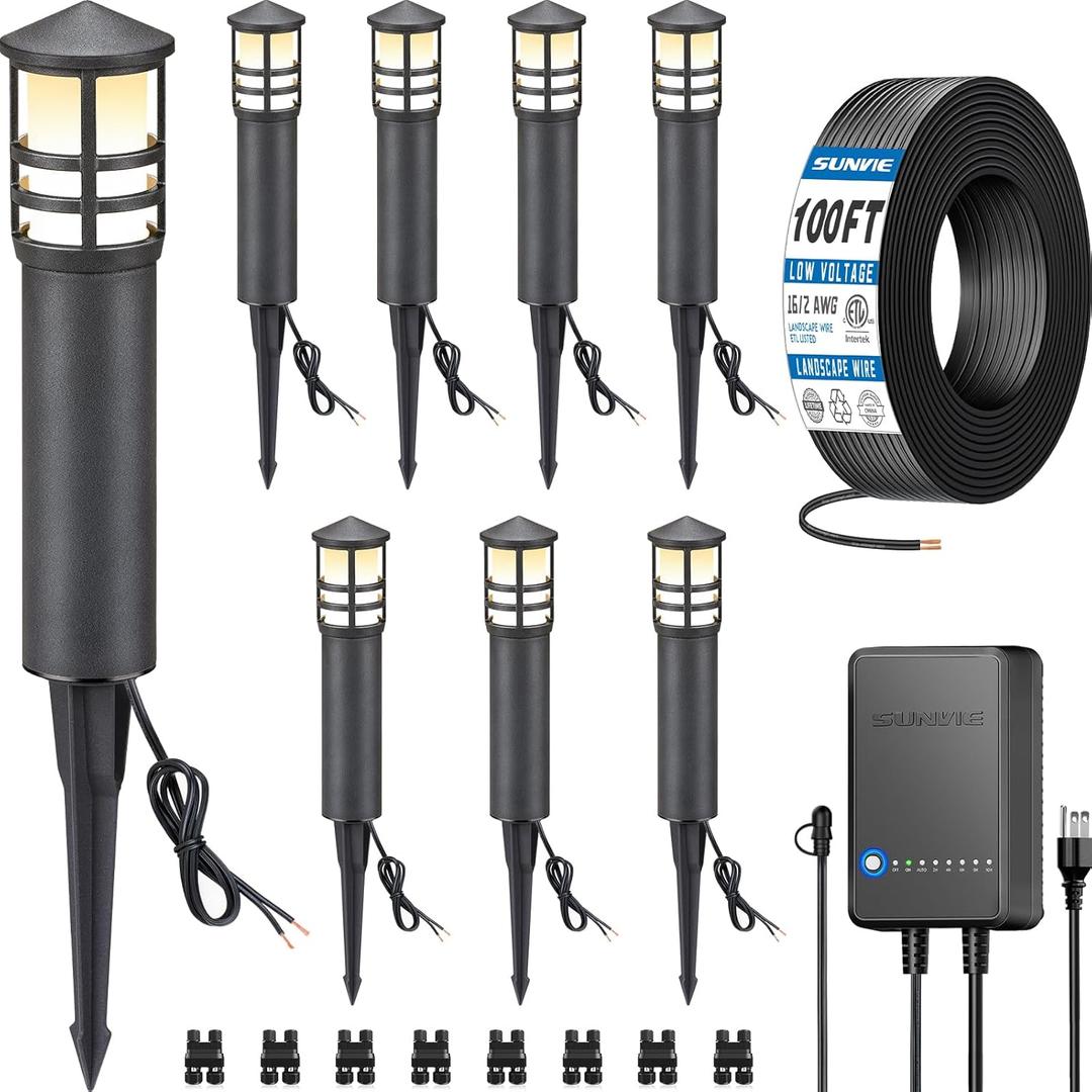 SUNVIE All-in-One LED Landscape Lighting Kit, 8-Pack Low Voltage Pathway Lights with Transformer and 100FT 16/2 AWG Wire, 3000K Waterproof Landscape Lights with Connectors for Walkway Garden Yard