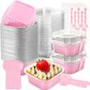 NPLUX 50 Pcs Mini Cake Pans with Lids and Spoons Aluminum Foil Mini Square Baking Cups with Lids Disposable Ramekins Cake Pans Dessert Cups for Wedding Birthday Party(Pink,5oz)