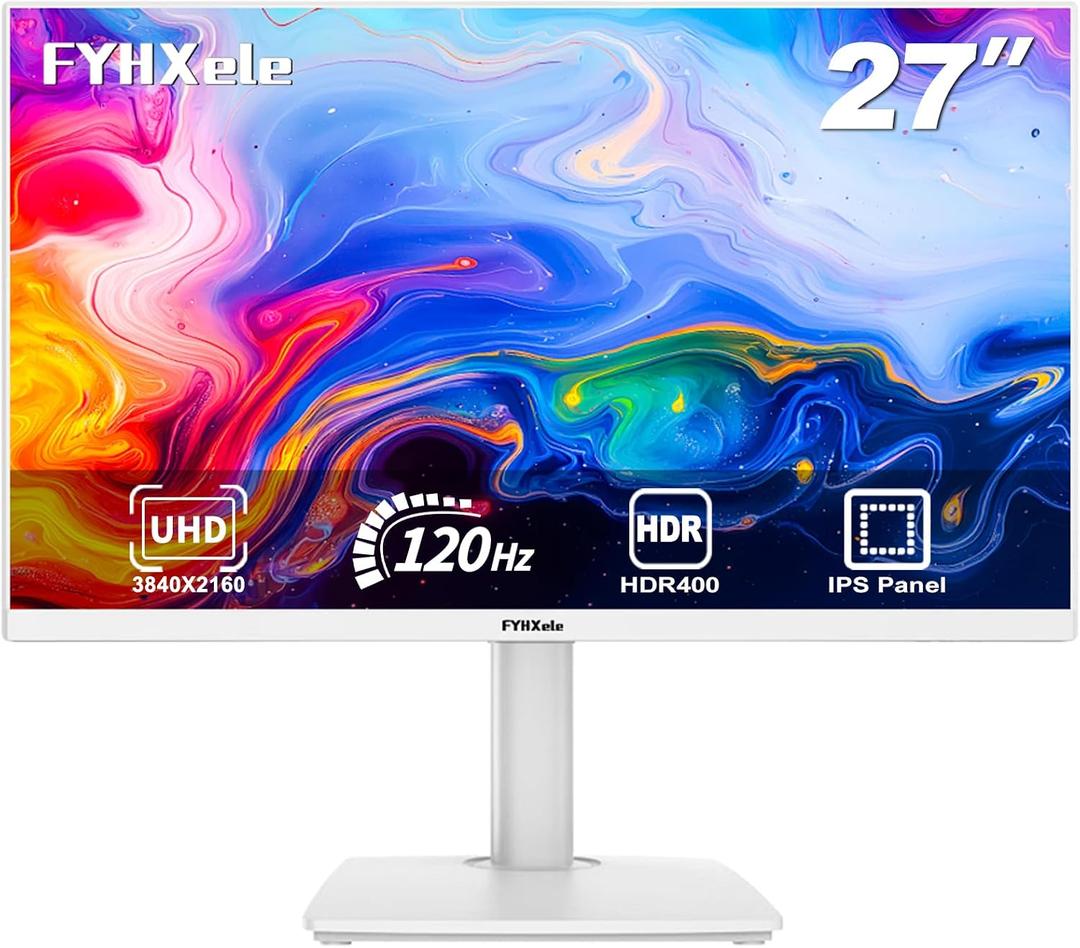 FYHXele 27 inch 4K Gaming Monitor, UHD 3840x2160 Fast IPS Panel Computer PC Monitor, 120Hz, 100% sRGB, FreeSync & G-Sync, HDR 400 Support, HDMI 2.0 & DP 1.4, VESA Mountable-White
