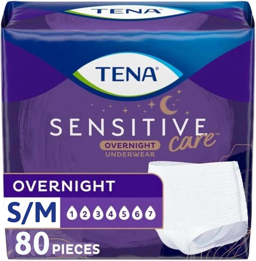 TENA Sensitive Care Overnight Incontinence Underwear for Women, Bladder Control and Postpartum, Small/Medium, 80 Count (Waist Size: 25in-35in)