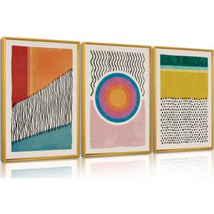 HPINUB Boho Framed Canvas Prints Wall Art Set, Mid-Century Abstract Color Block Shape Wall Decor, Geometric Illustrations Art Photos for Living Room, Bedroom, Dining Room, Office, Bathroom - 16"x24"x3