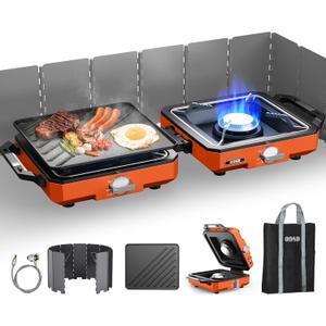 ODSD 2 Burner Camping Stove with Windshield, 20000 BTU Propane Camp Stove, Portable Folding Gas Stove, Camping Essentials Gear Includes Frying Pan, Coffee Stand & Carry Bag, Orange