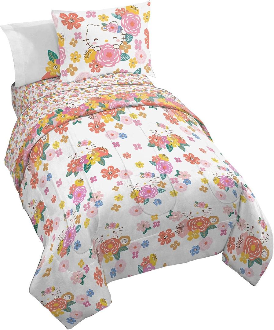 Jay Franco Hello Kitty Twin Size Comforter Set - 7 Piece Bedding Includes Sheet Set & Pillow Covers - Super Soft Floral Bedding