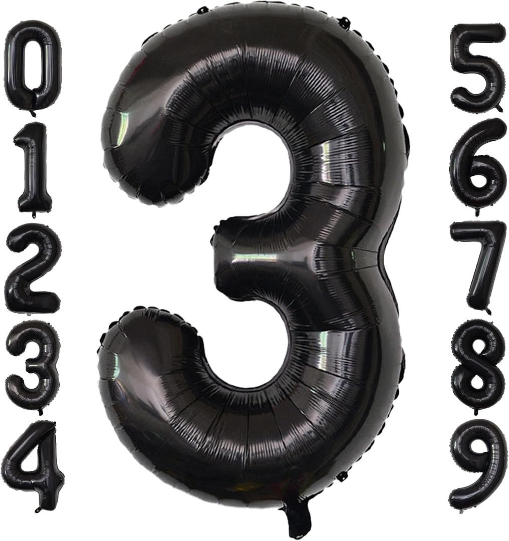 Number Balloons Black Party Balloon - Giant Number 3 Balloon, 40 Inch Large Balloon for Birthday Decorations, Black Party Supplies for Men Women