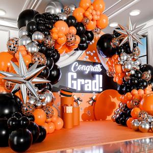 ALL-IN-1 Orange and Black Balloon Arch Kit & Garland with BONUS Starburst Balloons Orange Black Silver Balloons for Graduation Birthday Bengals Halloween Harley Davidson Basketball Party Decorations