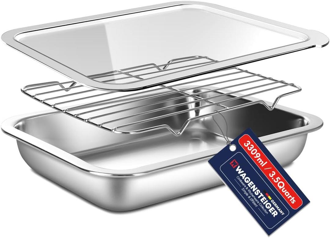 Stainless Steel Food Prep Container Set with Rack & Transparent Lid, Casserole, Bake Pan, Hotel Pan, For Deep Frying Prep/Marination/Oven Roasting/Buffet Party(No.2) (12.6 x 8.66 x 2 inches / 3.5Quarts)