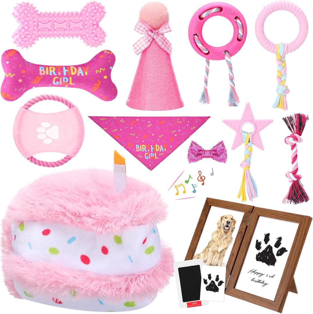 Gemscream 14 Pcs Dog Birthday Toy Gifts Dog Birthday Cake Puppy Interactive Squeak Toys Decorations for Small and Medium Dogs Supplies(Pink)