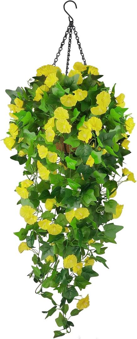 Artificial Fake Hanging Flowers Plants Basket for Spring Outdoor Outside Decoration, UV Resistant Faux Plastic Fabric Flower Morning Glory Wisteria Petunia for Garden Porch Patio Balcony Yard Decor, Yellow