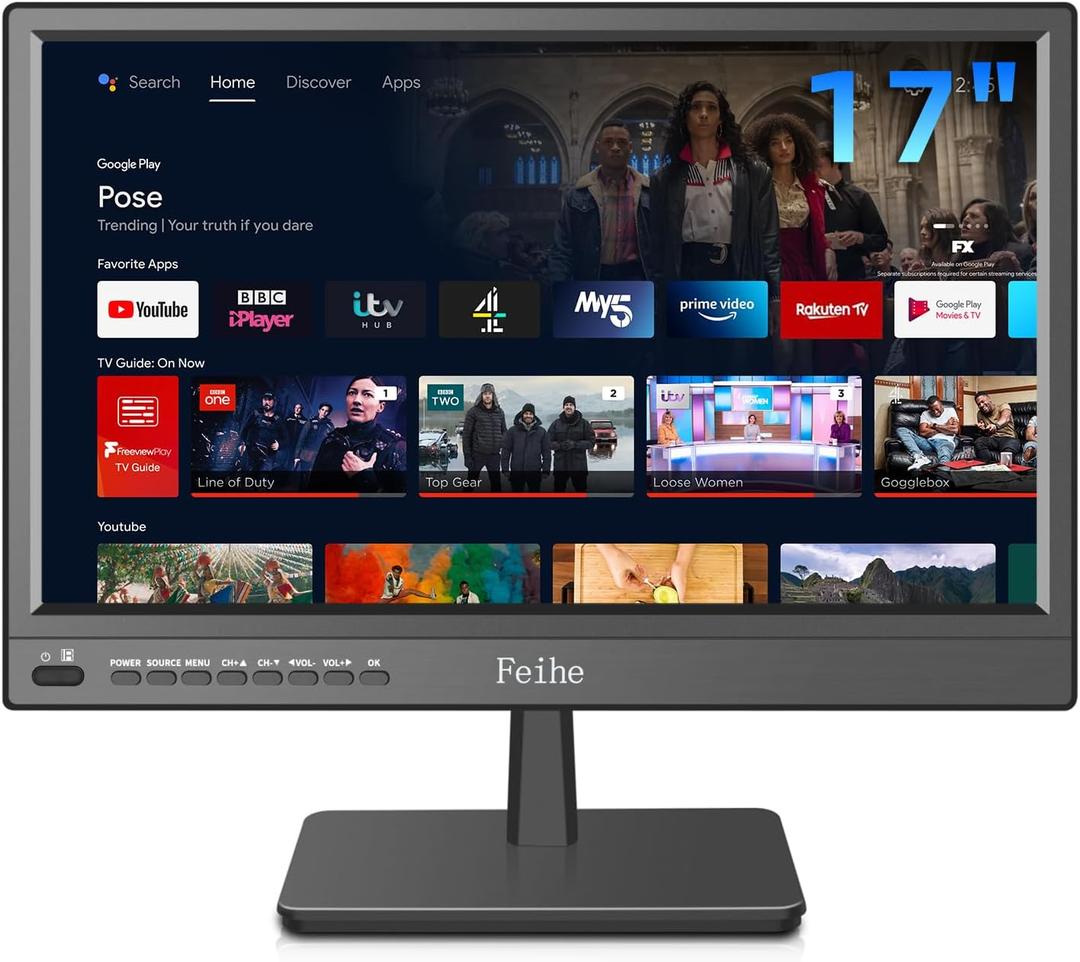 Feihe 17 inch Small Smart TV Built-in Android Operating System, HD Flat Screen Compact Smart Television for Kitchen, Home, RV Camper or On-The-Go Entertainment
