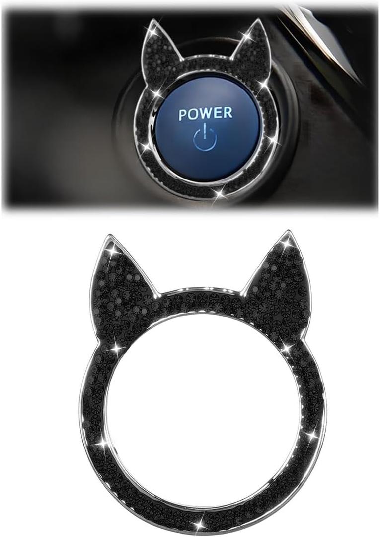Bling Cat Head Car Engine Start Stop Decoration Ring, Sparkling Rhinestone Key Ignition & Knob Ring Sticker Decoration, Crystal Car Push Start Button Cover Accessories for Women (Black)