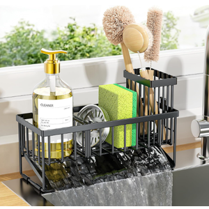 Cisily Sink Caddy Sponge Holder for Kitchen with Brush Holder and Stainless Steel Self Drain Tray, Rustproof Kitchen Sink Organizer for Sponge, Soap Dispenser Storage Accessories