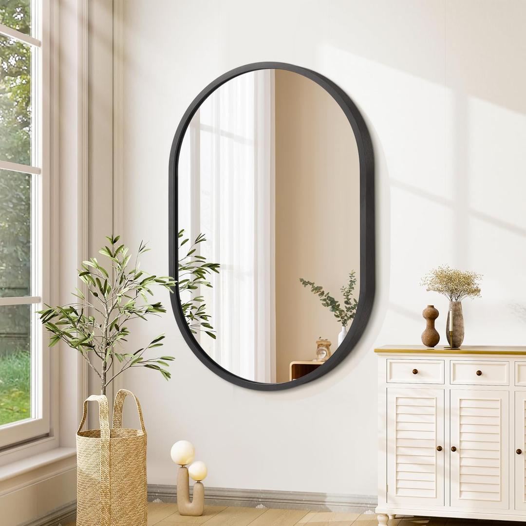 JJUUYOU Oval Mirror Black Metal Framed Bathroom Mirrors for Wall 20X28 Inch Matte Bedroom Vanity Mirror Farmhouse Anti-Rust Tempered Glass Hangs Horizontally or Vertically Mirrors