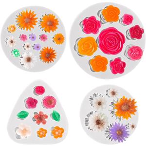 OIIKI 4PCS Silicone Flower Molds, Rose Sunflower Leaf Resin Molds, Polymer Clay Molds, Fondant Molds for Cake, Candy, Chocolate, Soap, DIY Jewelry Making