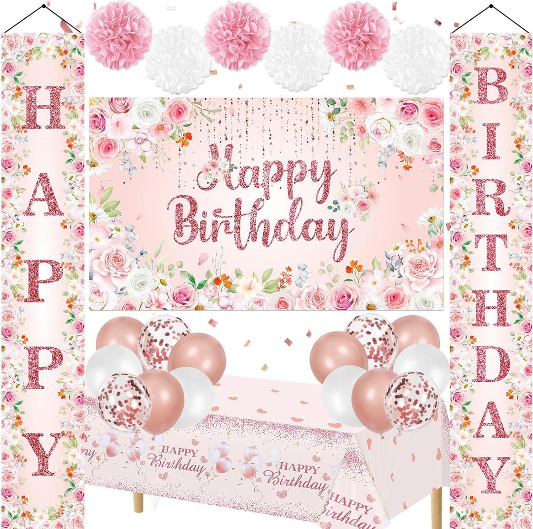 Pink Flowers Birthday Decorations for Women Girls Glitter Rose Gold Floral Happy Birthday Banner Backdrop Balloons Tablecloth Paper Pom Poms for Baby Shower Wedding Birthday Party Supplies