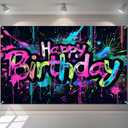 HOMETITUTE Neon Happy Birthday Banner 120x84 inch Photography Backdrops Party Background Decorations Colorful Graffiti Splash Paint KidsBirthday Supplies Glow in The Dark
