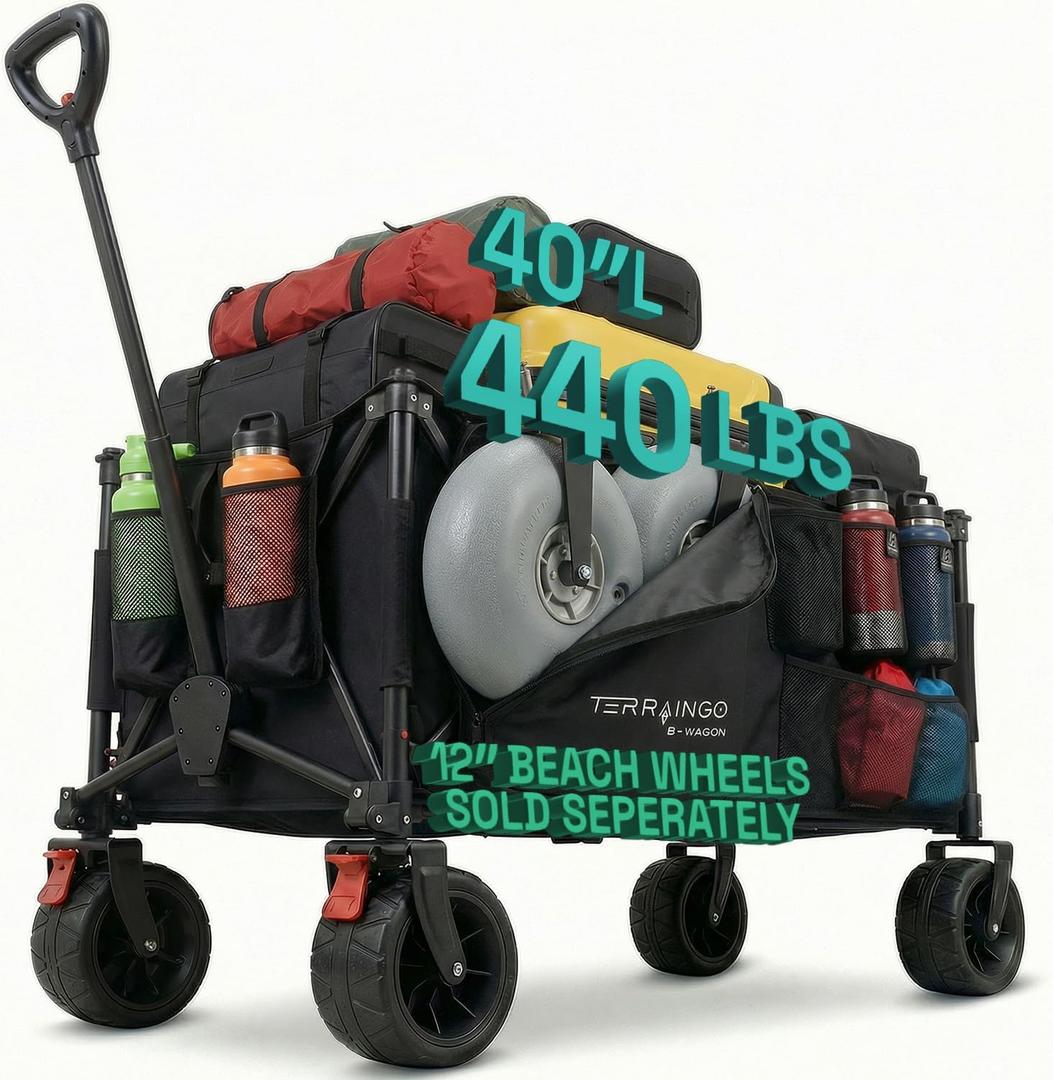 TerrainGO Collapsible Wagon Cart with Interchangeable All Terrain Wheels Patent Pending Foldable Beach Wagon Utility Cart - Camping Essentials with Storage Pockets, and Cup Holders, Max Load 440lbs