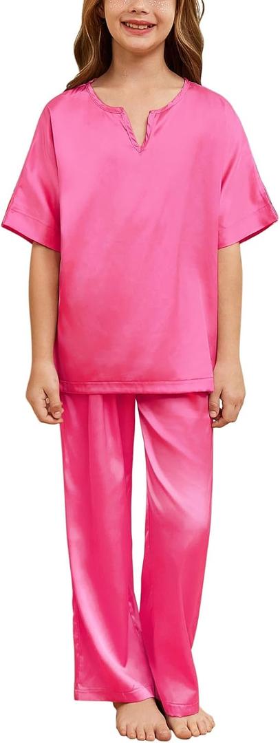 QPANCY Girls Silk Pajamas 2 Piece Short Sleeve Pjs Set Kids Satin Pajamas V Neck Shirt with Long Pant Soft Loungewear (8-9 Years, Hot Pink)