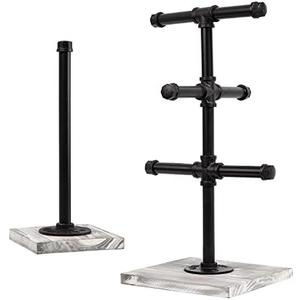 ExoLiry Mug Hanging Rack Kitchen Paper Towel Holder Set of Two Industrial Black Metal Pipe Rustic Gray Wooden Base 2 Piece Wood Organizer Multiple Branches Tree Coffee Cups Teacups Tissue Home Counter