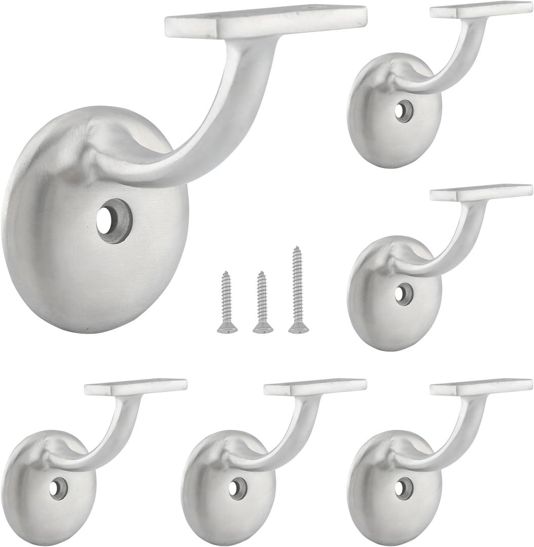 HOME MASTER HARDWARE Hand Rail Brackets, Stair Railing Bracket Heavy Duty Hardware for Stairways, Home or Office Staircase Support Handrail Brackets, Satin Nickel (6 Pack)