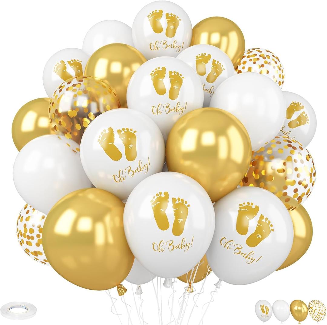 Baby Shower Foot Print Balloons, 30Pcs 12inch Gold White Balloons With Baby Foot Printed Balloon for Neutral Baby Shower Gender Reveal Birthday Wedding Decorations