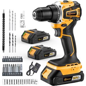 Cordless Drill Set/Driver, 20V Electric Power Drill With Battery And Charger, 40N Torque, 20+1 Settings, 2 Batteries,3/8-Inch Keyless Chuck, Driver Bits Kit, LED Light (Yellow Model - Includes 2 Batteries)