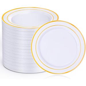 100Pcs Gold Plastic Dessert Plates, Plates Disposable Salad Plate with Gold Rim, Premium Hard Fancy Small Plate, Heavy Duty Plastic Cake Platos for Party, Wedding and Birthday