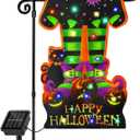 Halloween Lighted Garden Flag Porch 8 Modes Multi Colored 12" x 18 ", Happy Halloween Led Solar Yard Flag Witch Feet Pumpkin Shape Flag Double Sided Black Cat Decorations for garden
