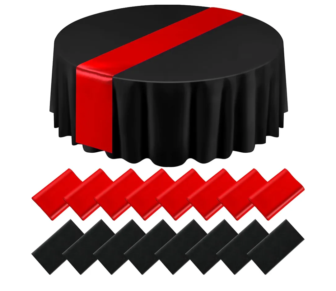 Tudomro 16 Pcs Black and Red Round Plastic Tablecloth and Satin Table Runner Set 84 Inch Round Covers 12 x 108 Inch Table Runners for Christmas Wedding Birthday Party Baby Shower