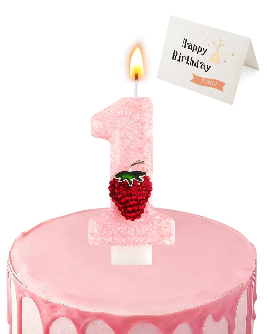 Birthday Candles for Cake, Pink Number Candles, Cake Candles with Greeting Card for Birthday Party Wedding Anniversary Celebrations (Strawberry 1 Candle)