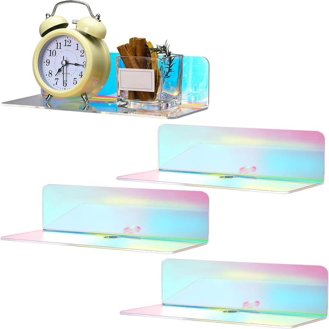 Weysat 4 Pcs 9 Inch Iridescent Acrylic Floating Shelves Small Wall Hanging Adhesive Screwless Display Holder with Cable Clips and Stickers for Wall Bathroom Bedroom Office Shelf Kitchen