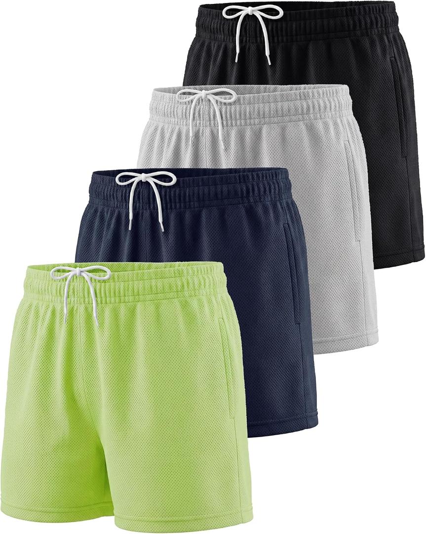 Real Essentials 4 Pack: Girl's Mesh Athletic Running Shorts with Pockets Teens Kids Youth Performance Gym Basketball (XS)