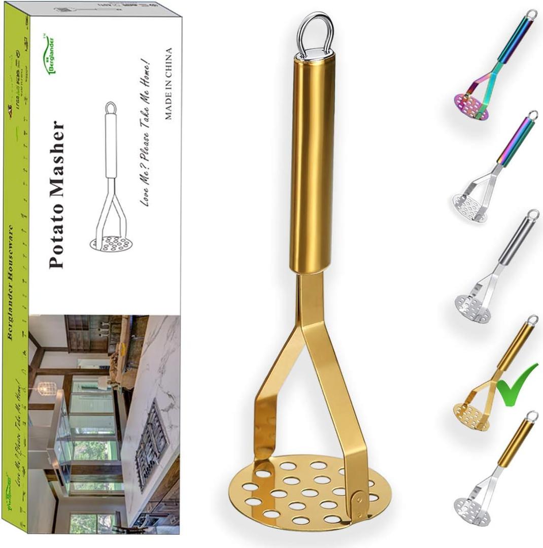Berglander Potato Masher, Heavy Duty Stainless Steel Gold Potato Ricer With Titanium Plating, Kitchen Vegetable Fruit Masher (Gold)