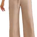 Women's Lace Wide Leg Linen Pants Drawstring High Waisted Dressy Casual Trousers with Pockets (Khaki, L)