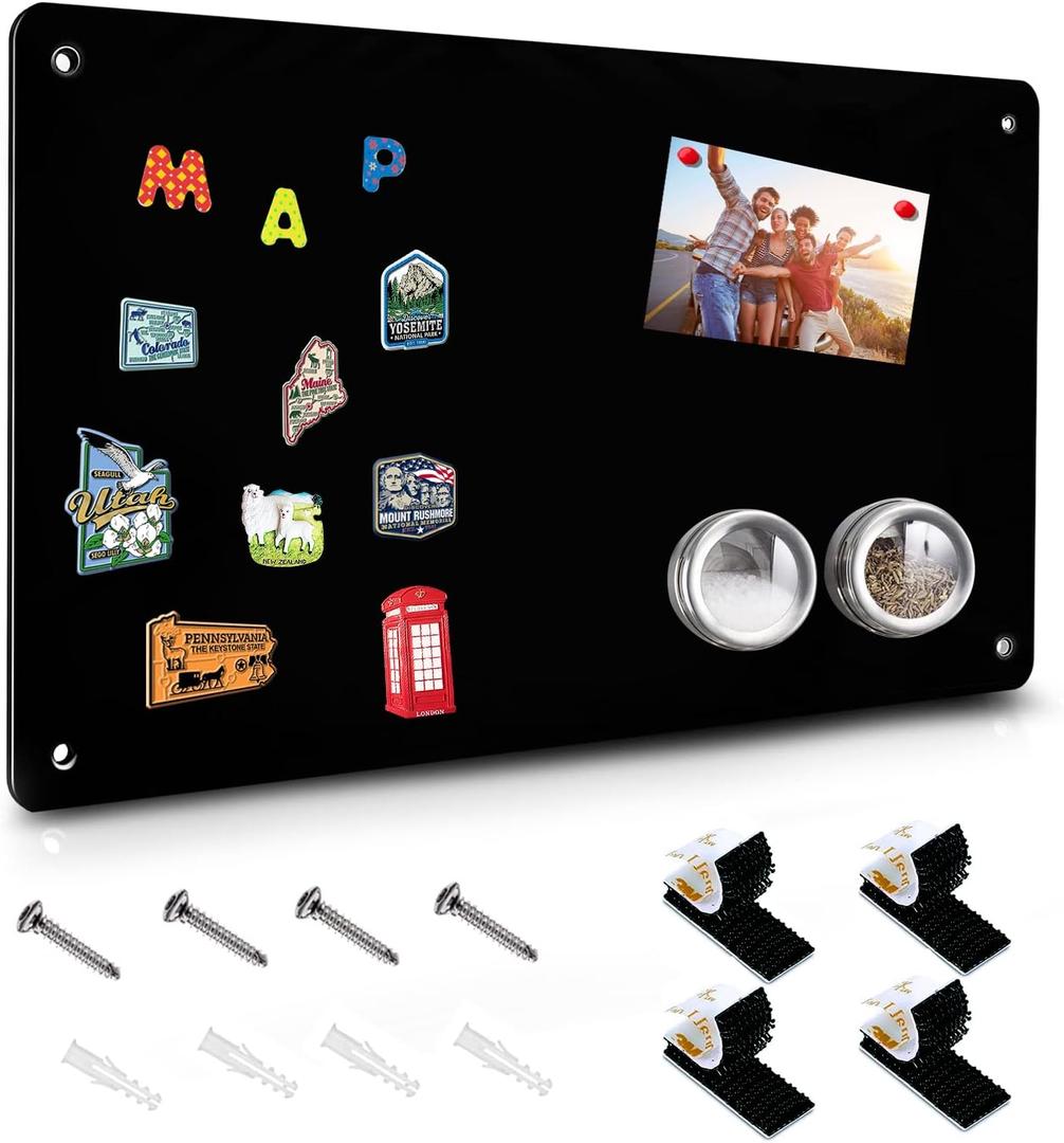 Black Magnetic Board,17.5" x 11.4" Magnet Bulletin Board to Display Magnetic Notes, Poetry, Photos, Suitable for Wall, Refrigerator, Cabinet etc, Come with 4 Pcs Dual Lock Tape and Screws