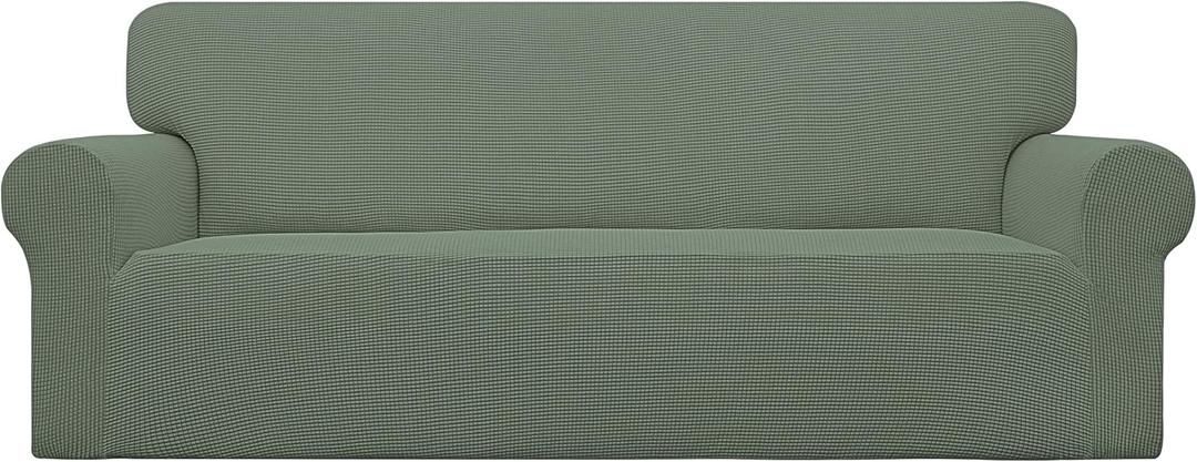 Easy-Going Stretch Sofa Slipcover 1-Piece Sofa Cover Furniture Protector Couch Soft with Elastic Bottom for Kids, Polyester Spandex Jacquard Fabric Small Checks (Sofa, Greyish Green)