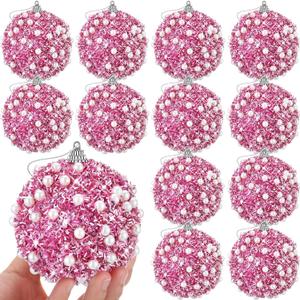 Riceshoot 12 Pcs 6 Inch Large Christmas Balls Ornaments for Tree with Peal Sparkle Sequin Big Glitter Christmas Tree Decor Xmas Shatterproof Hanging Balls for Xmas Holiday Party Supplies(Pink)