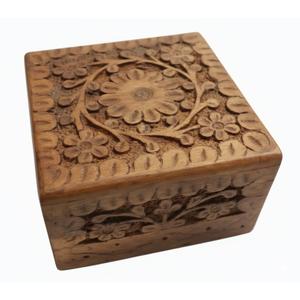 Vintage Carved Wood India Ornate Floral Hinged Box with Inlay Detail 3.75”