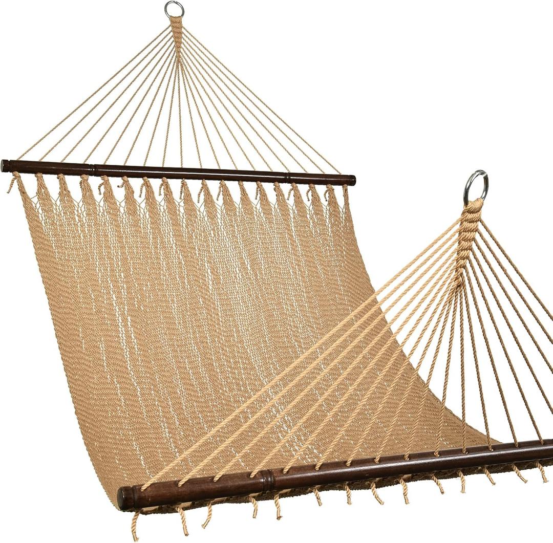 Lazy Daze Hammocks 10.5 FT Double 2 Person Caribbean Rope Hammock, Hand Woven Polyester Hammock with Spreader Bars, for Outside Outdoor Backyard Patio Poolside, 450 LBS Capacity, Tan