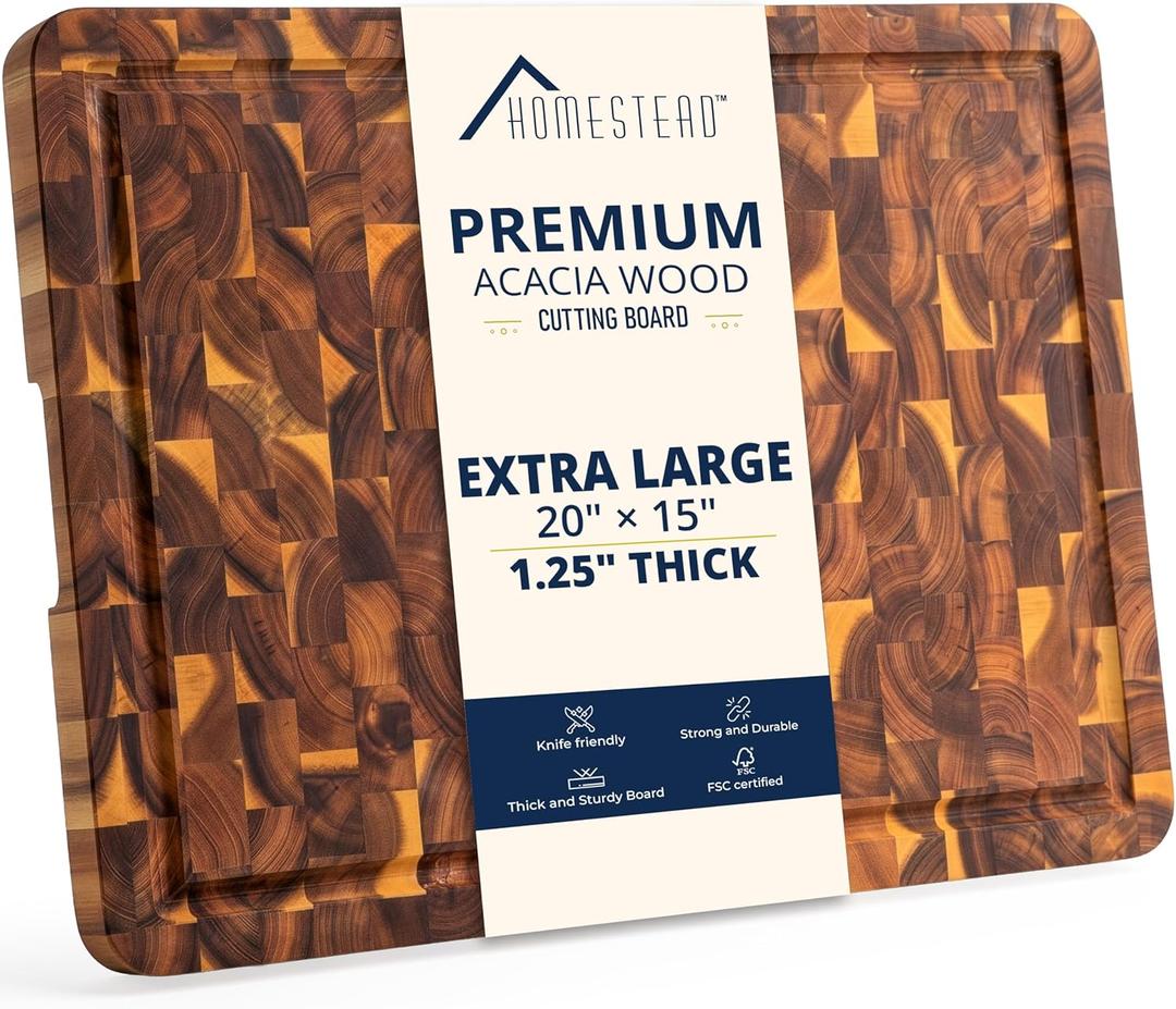 End Grain Acacia Wood Cutting Board 20x15x1.25, Reversible Butcher Block Board for Kitchen with Deep Juice Groove, Handles, Knife-Friendly Surface for Meat Chopping and Charcuterie Serving