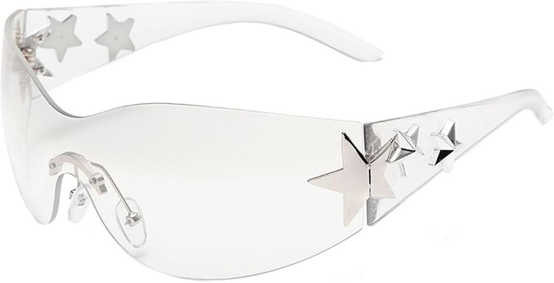 Y2K Sunglasses for Women Men Trendy Shield Wrap Around Sun Glasses Rimless Star Sunglasses Oversized Glasses Shades