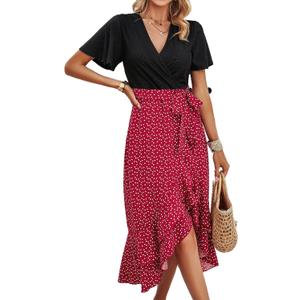 Sundresses for Women, V-Neck Short Sleeve Casual Boho Floral Dress, Ruffle Hem Split with Belt for Beach XL