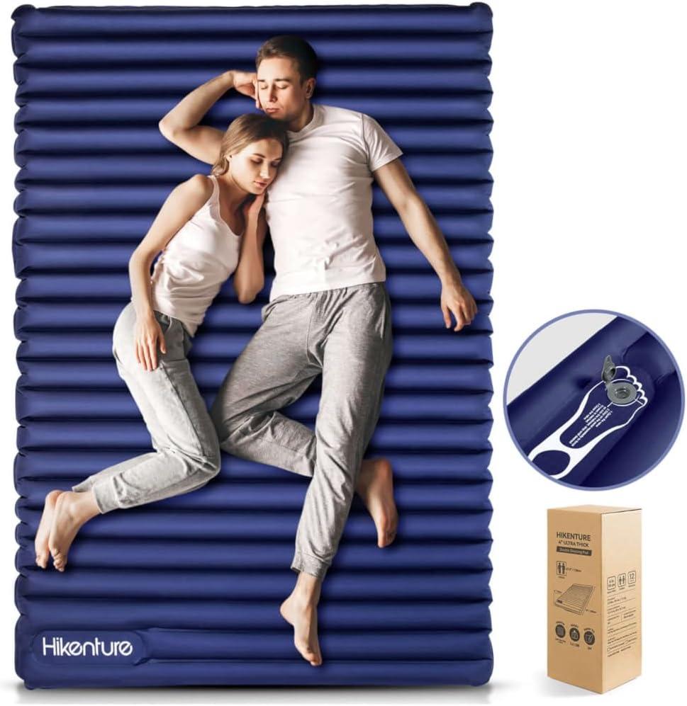 Hikenture Double Sleeping Pad for Camping, Ultralight 4" Extra-Thick Camping Mattress 2 Person, Inflatable Backpacking Sleeping Mat, Hiking Air Mattress for Tent (Navy Footpump 79x47.5in), Semi Double