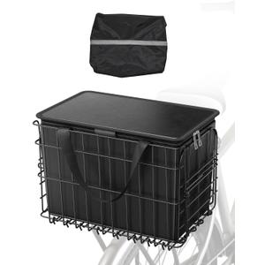 VEVOR Rear Bike Basket, Folding Wire Bicycle Basket with Cargo Net, Removable Liner Bag & Waterproof Cover, Quick Release Design Bike Basket for Adult Women/Men Carrying Dogs Pets Fruit & Grocery