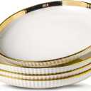 LETAOTAO Dinner Plates, Ceramic dinner Plate Set of 4, 10 inch White Serving Plates with gold trim, Stripe Texture Back, Large Pasta and Salad Plates, Dishes Set with Lipped Edges for Kitchen