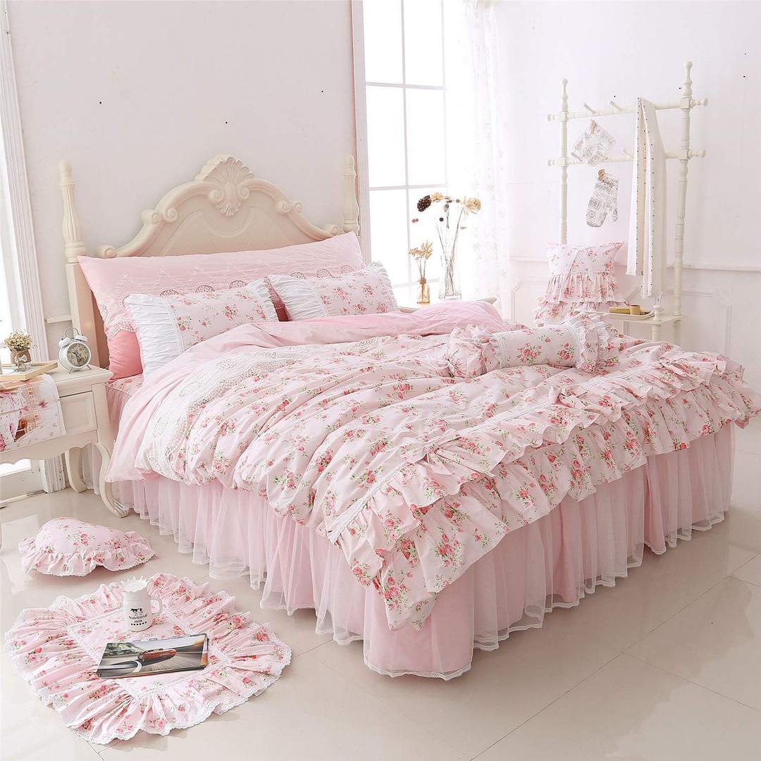 LELVA Romantic Roses Print Duvet Cover Set with Bed Skirt Pink Lace Ruffle Floral Shabby Chic Bedding Sets King 4 Piece