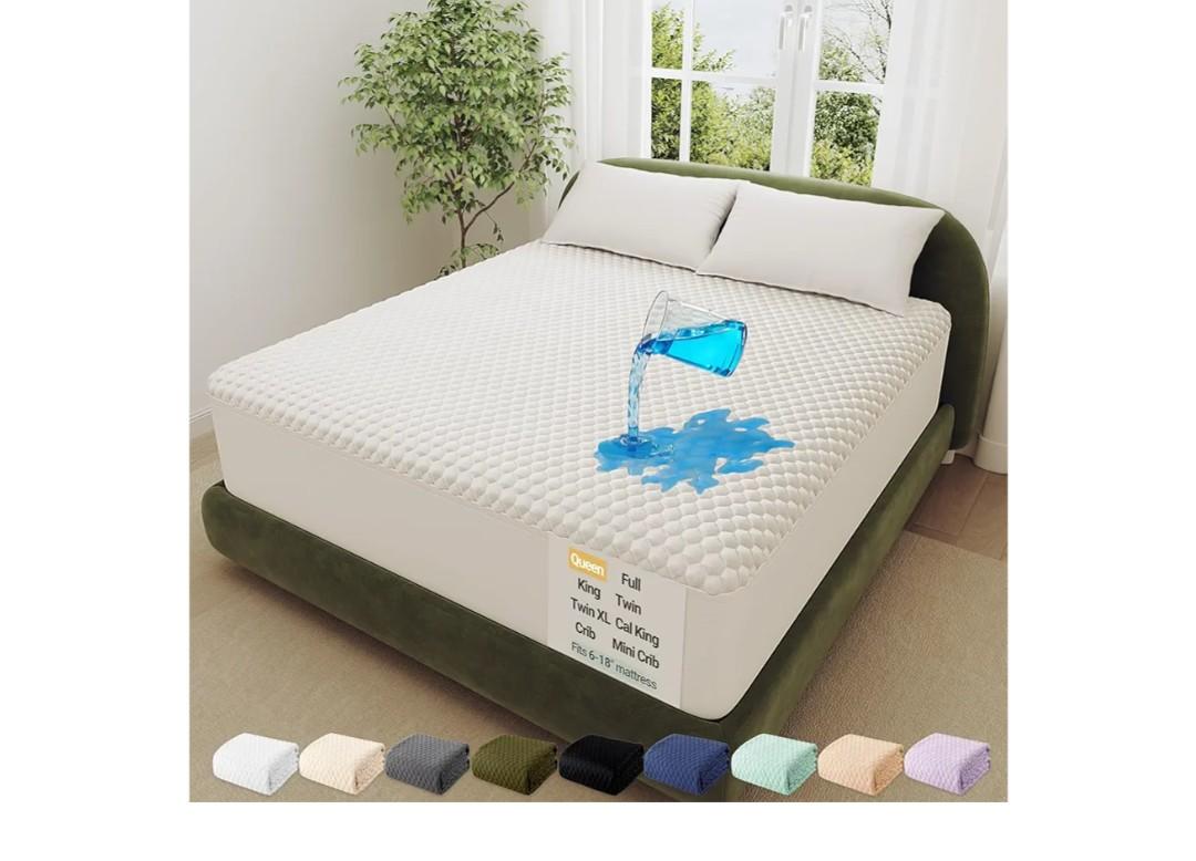 OhGeni 100% Waterproof Queen Size Mattress Protector,Soft Mattress Pad,Pet Hair & Bedwetting Resistant,Cooling Breathable Fitted Sheets,Washable Bed Cover,Non-Slip Deep Pocket,Noiseless for Bedroom