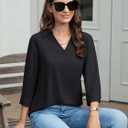 YUCOLEN 3/4 Sleeve Tunic Tops for Women V Neck Collared Shirts Chiffon Work Blouses Dressy Casual S-XXL (Black, XXXL)